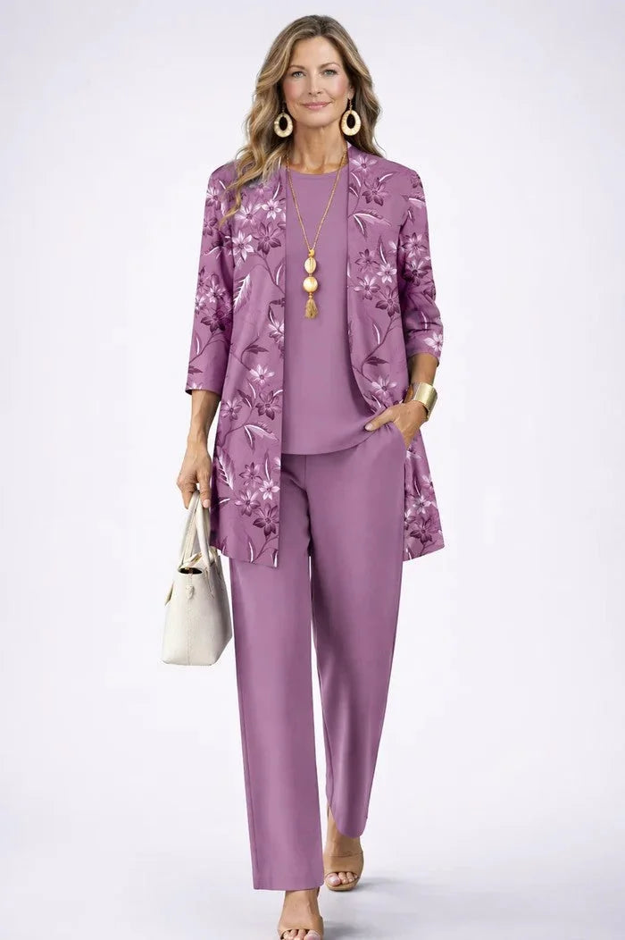 Purple Women's Cardigan Pants Set with Open-Front Cardigan & Elastic Waist