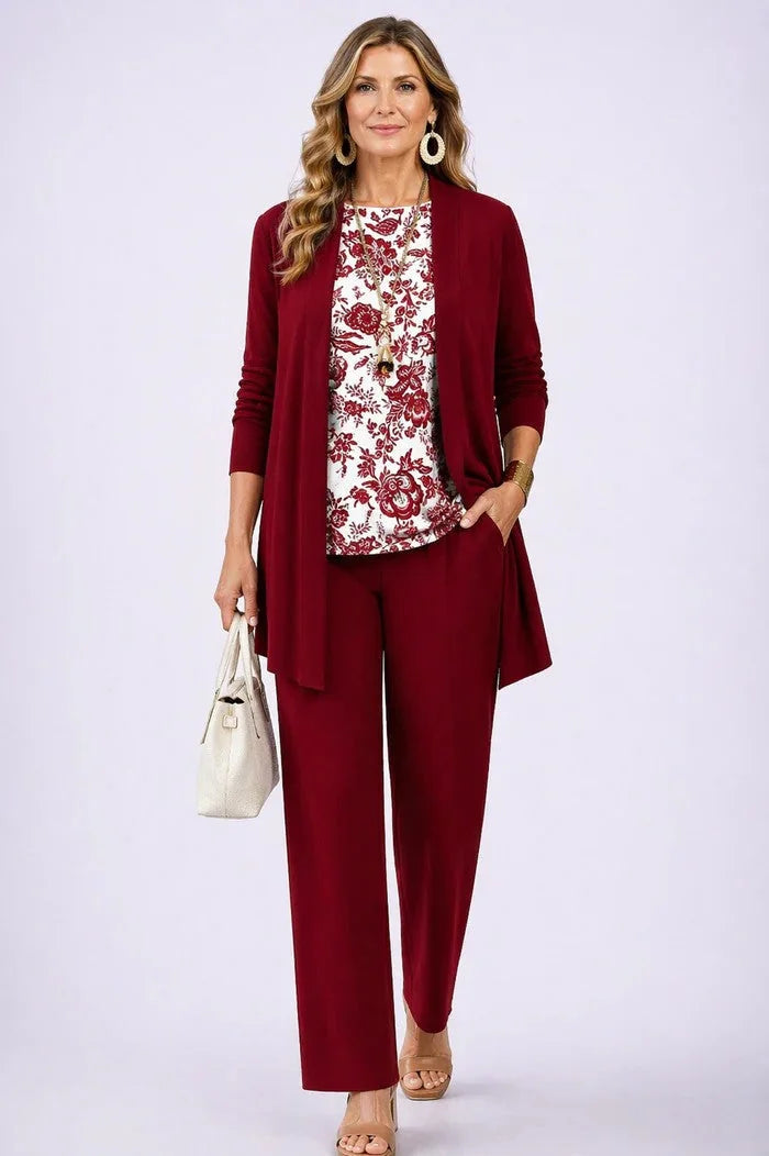 White Red Women's Cardigan Pants Set with Open-Front Cardigan & Elastic Waist - Front Studio Pose