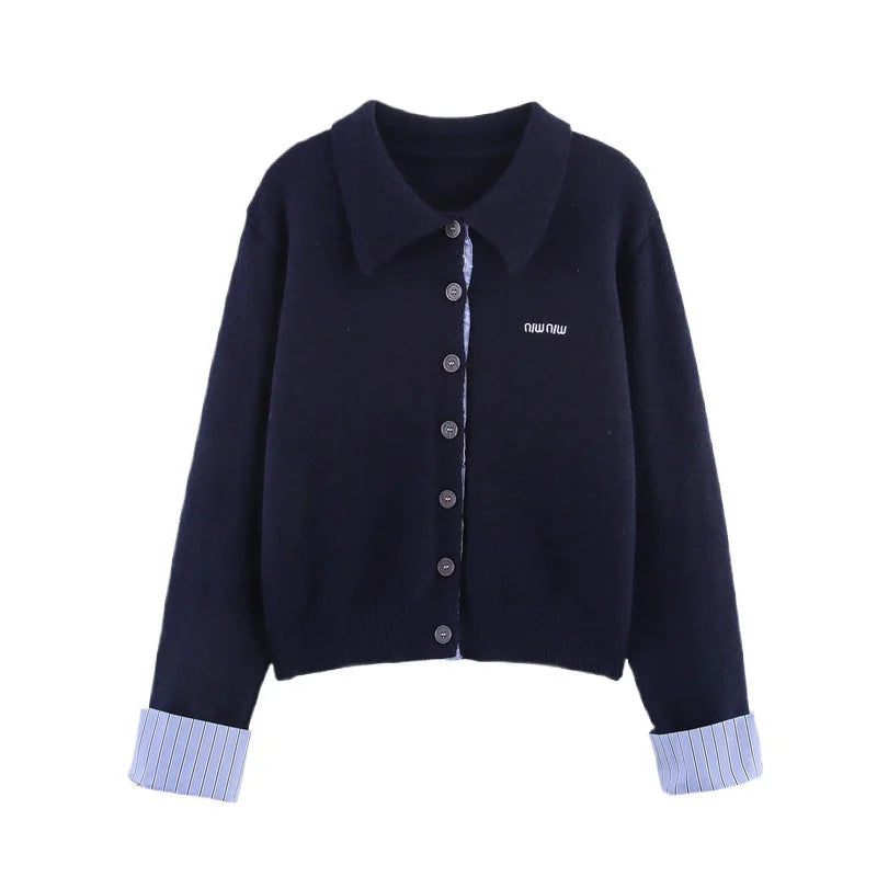 Women's Cardigan Skirt Set with Striped Cuffs & Pleated Skirt - Cardigan Close Up