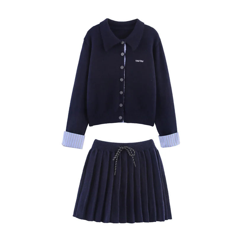 Black Women's Cardigan Skirt Set with Striped Cuffs & Pleated Skirt