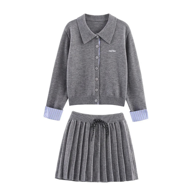 Grey Women's Cardigan Skirt Set with Striped Cuffs & Pleated Skirt