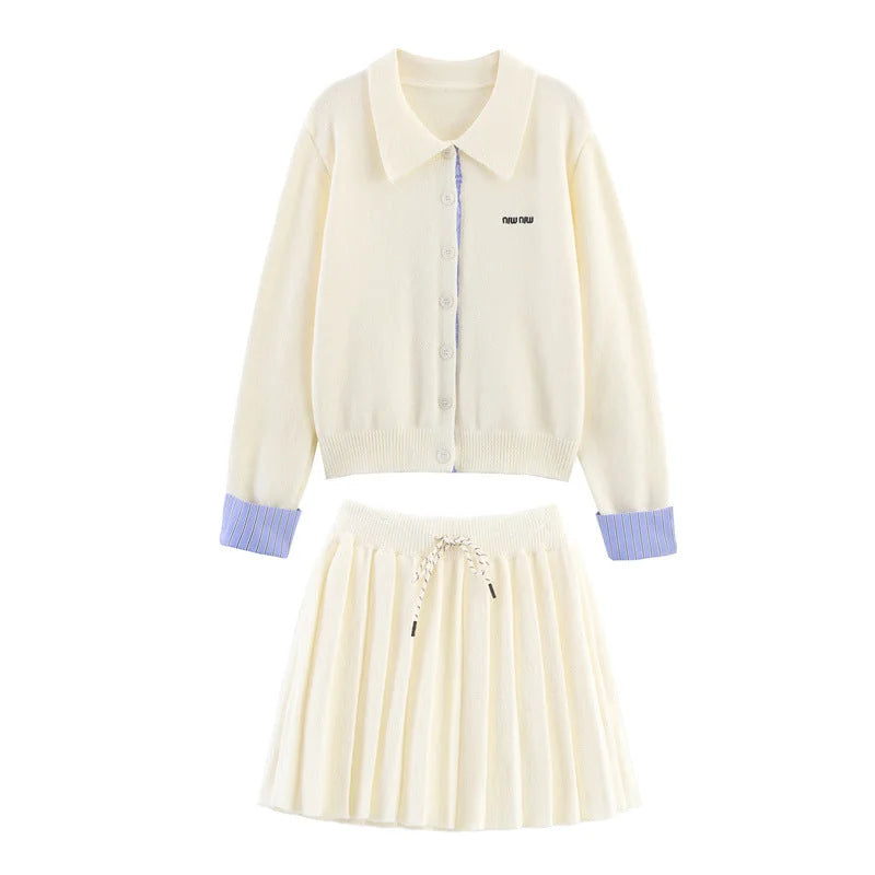 Light Beige Women's Cardigan Skirt Set with Striped Cuffs & Pleated Skirt