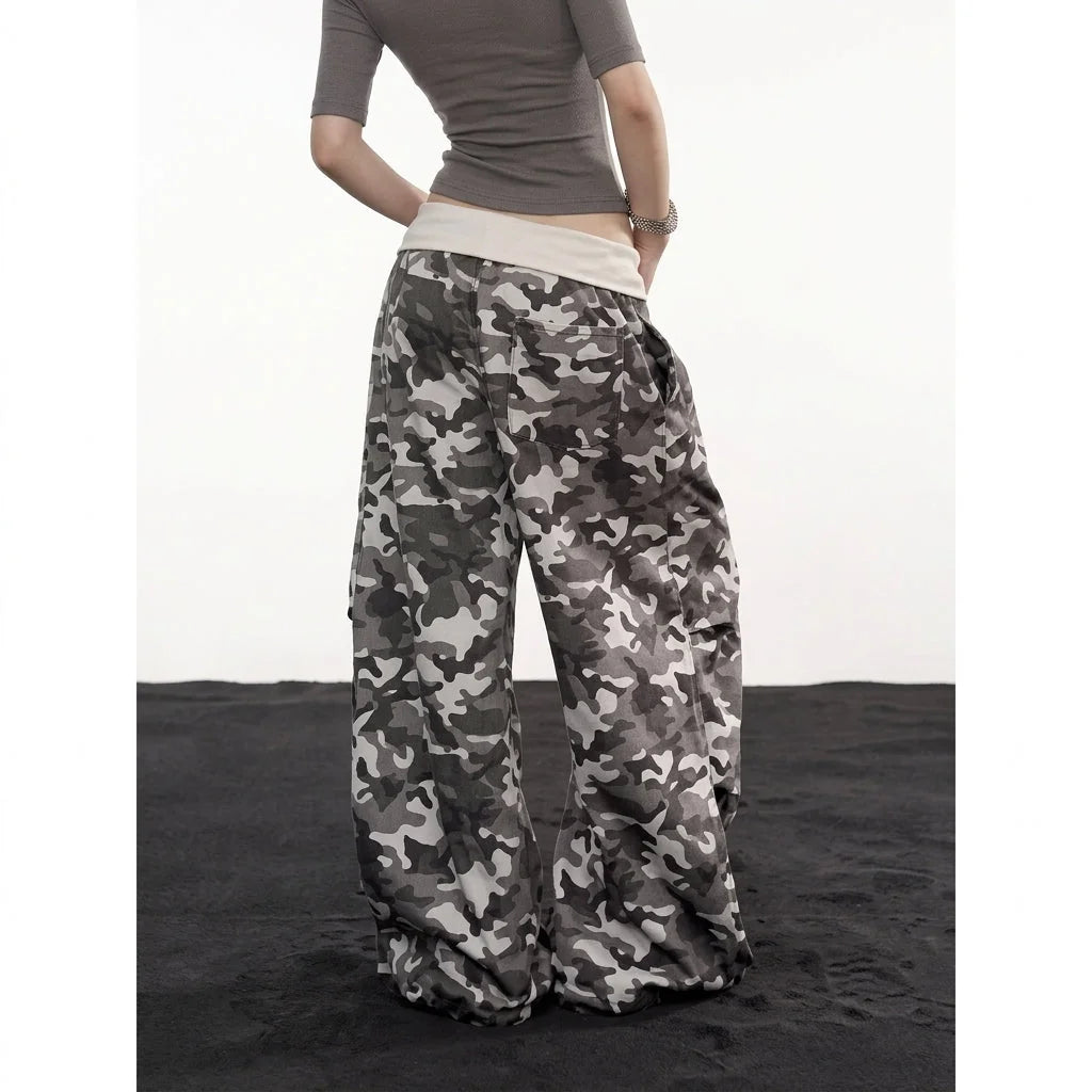Women's Camo Cargo Pants with Rhinestone Detail & Relaxed Wide-Leg Fit - Green Back Full Pose