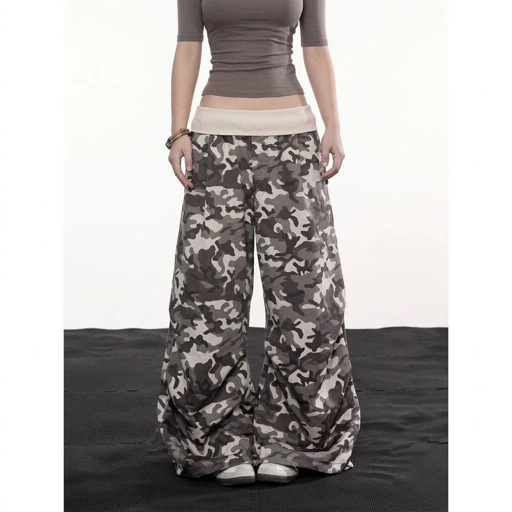 Army Green Women's Camo Cargo Pants with Rhinestone Detail & Relaxed Wide-Leg Fit - Front Full Pose