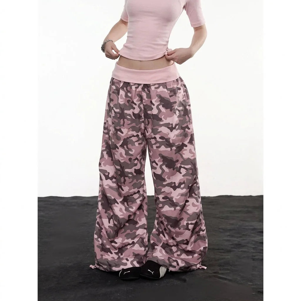 Women's Camo Cargo Pants with Rhinestone Detail & Relaxed Wide-Leg Fit - Front Full View