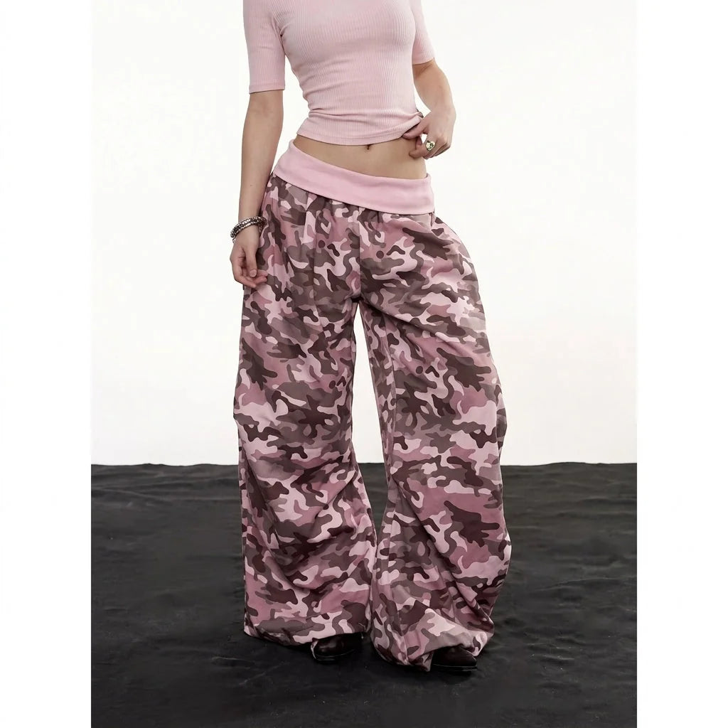 Pink Women's Camo Cargo Pants with Rhinestone Detail & Relaxed Wide-Leg Fit