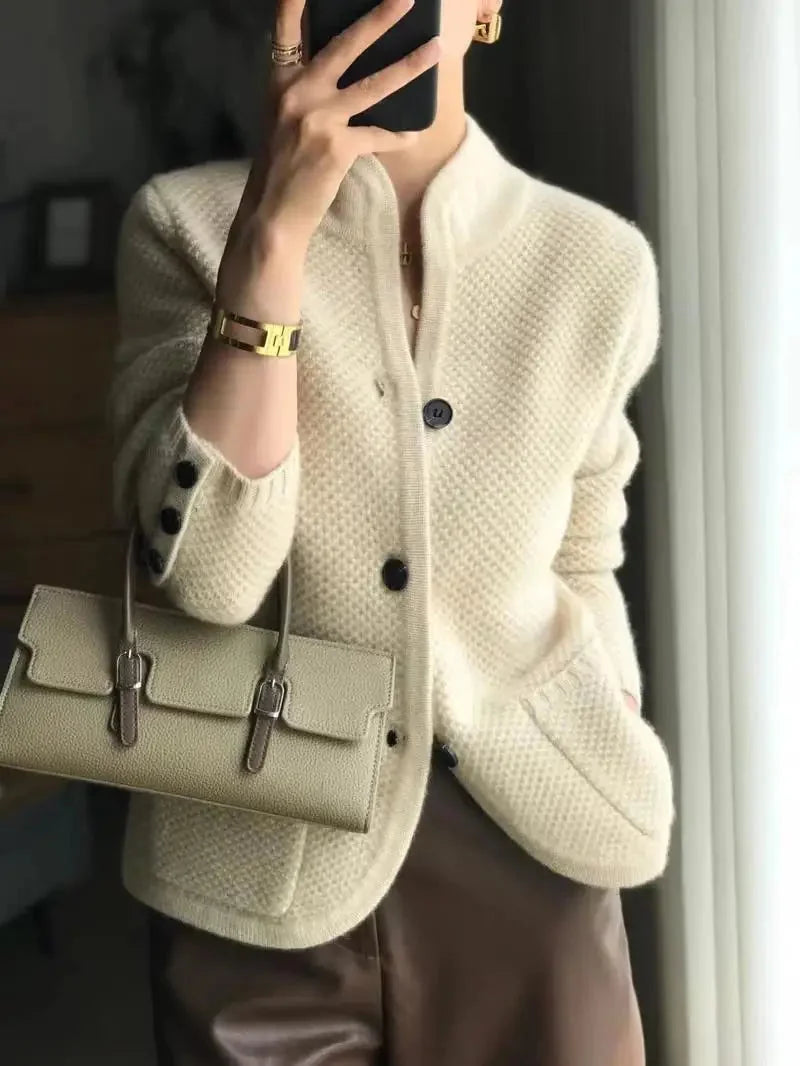 Beige Women's Cashmere Cardigan with Button Front & Relaxed Fit — Salma - Close Up Sleeve Detail