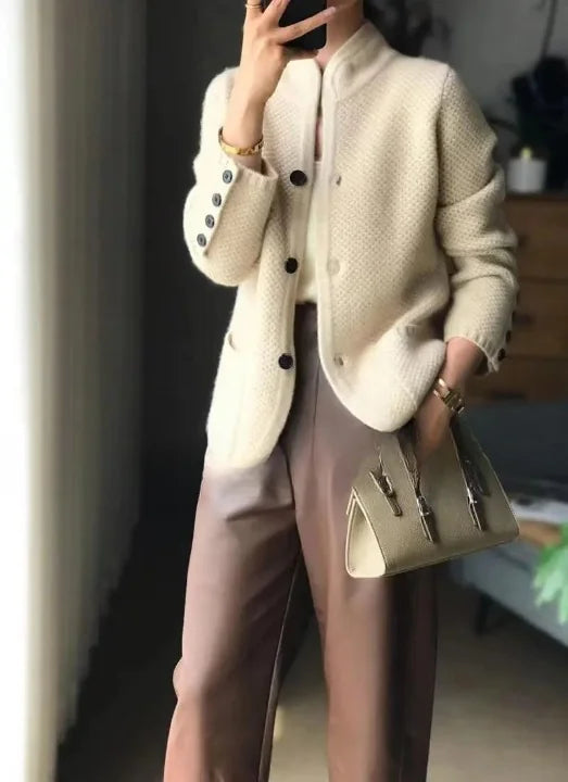 Women's Cashmere Cardigan with Button Front & Relaxed Fit - Front Handbag Pose
