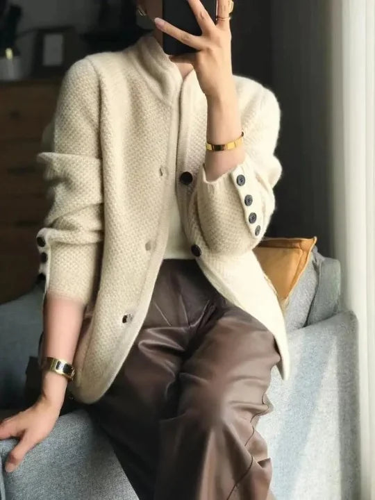Women's Cashmere Cardigan with Button Front & Relaxed Fit - Seated Pose
