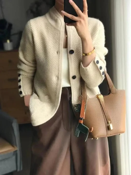 Beige Women's Cashmere Cardigan with Button Front & Relaxed Fit — Salma