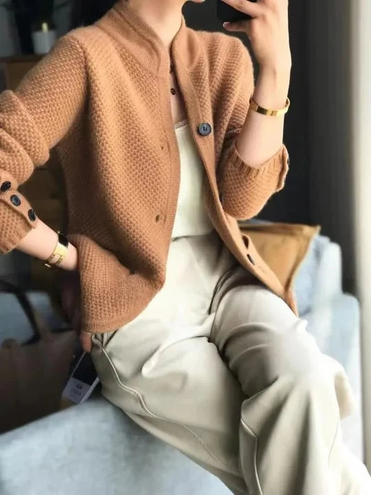 Women's Cashmere Cardigan with Button Front & Relaxed Fit - Seated Close Up