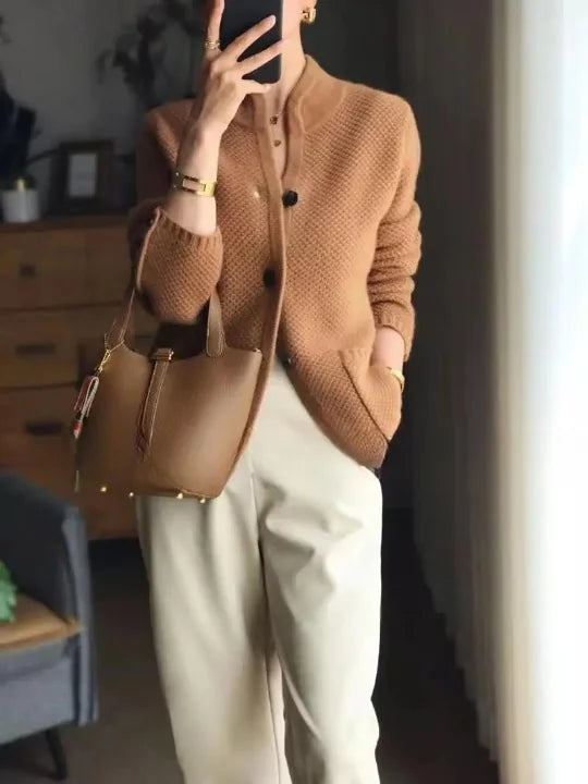 Brown Women's Cashmere Cardigan with Button Front & Relaxed Fit — Salma