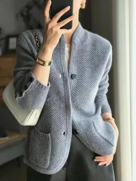 Grey Women's Cashmere Cardigan with Button Front & Relaxed Fit — Salma