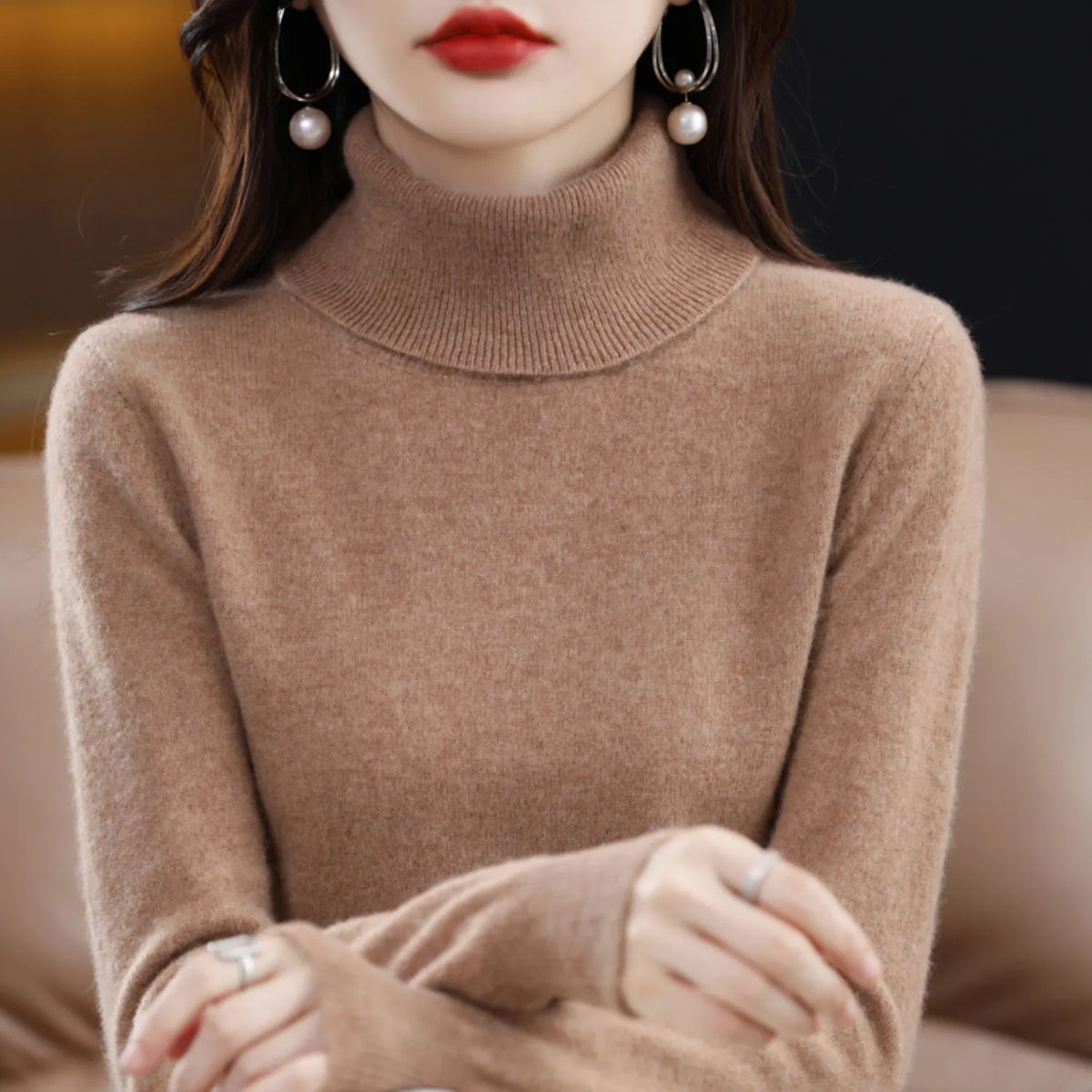 Brown Women's Cashmere Turtleneck Sweater with Regular Fit & Soft Stretch - Close Up Collar