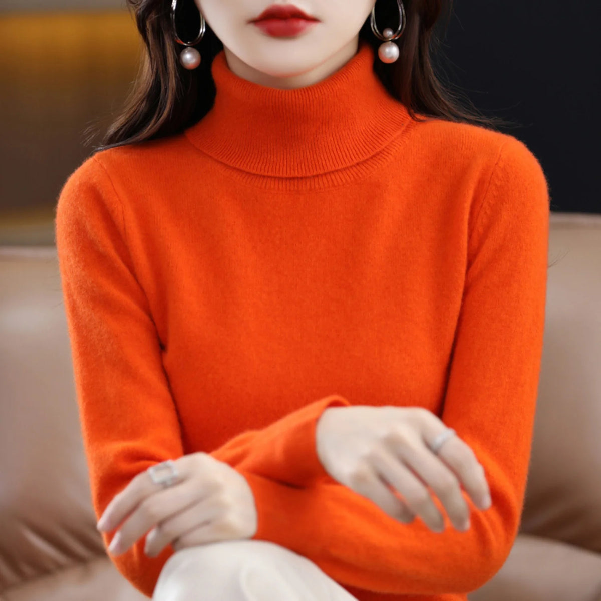 Orange Women's Cashmere Turtleneck Sweater with Regular Fit & Soft Stretch - Close Up Collar