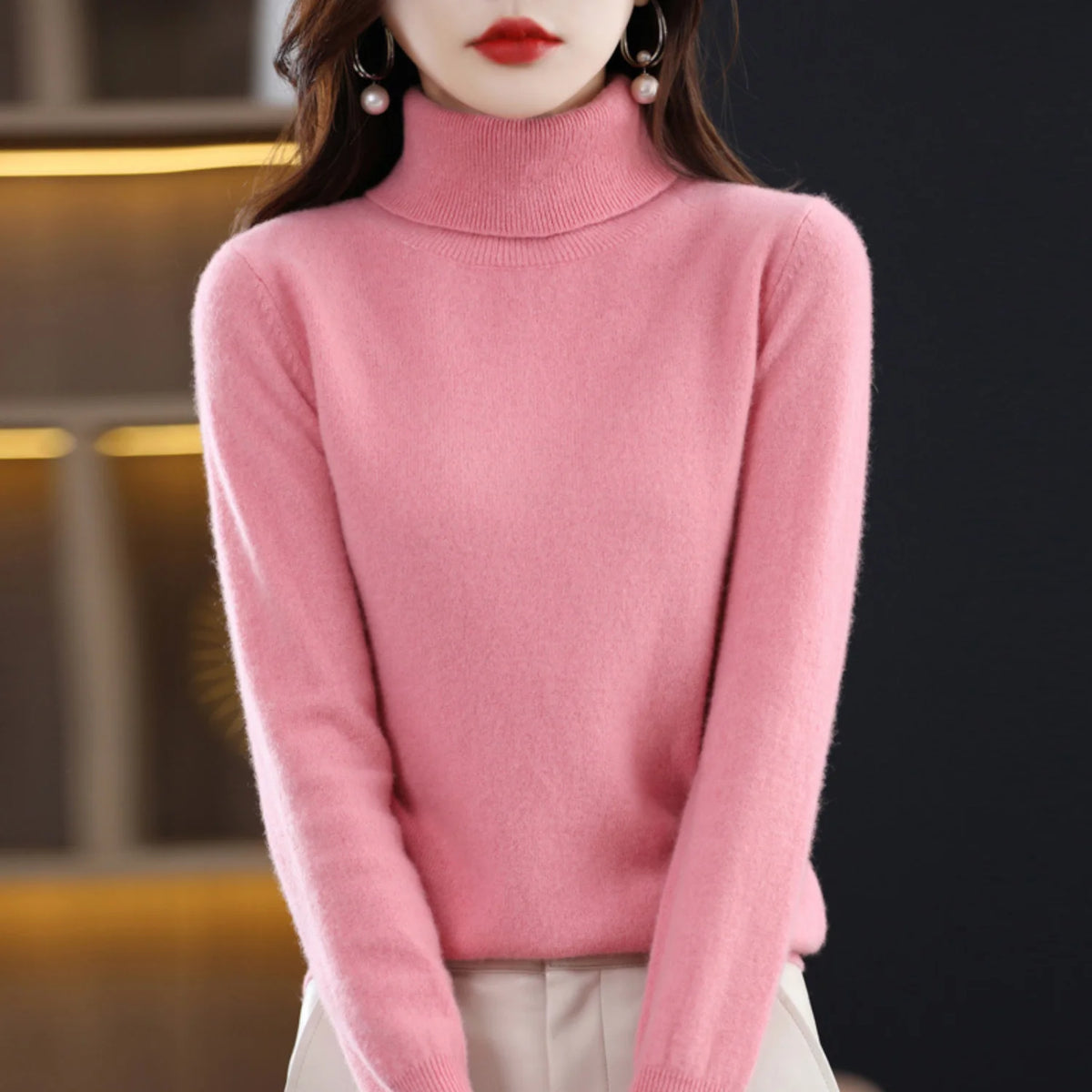 Pink Women's Cashmere Turtleneck Sweater with Regular Fit & Soft Stretch - Front Pose