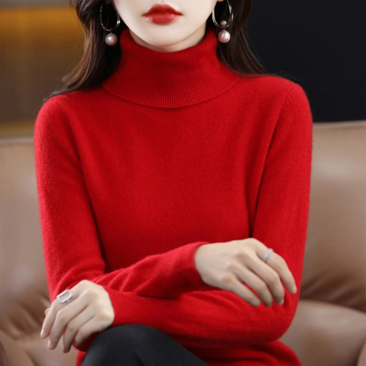 Red Women's Cashmere Turtleneck Sweater with Regular Fit & Soft Stretch - Front Pose