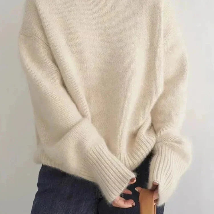 Beige Women's Cashmere Turtleneck Sweater with Ribbed Cuffs & Relaxed Fit — Lana - Back Detail