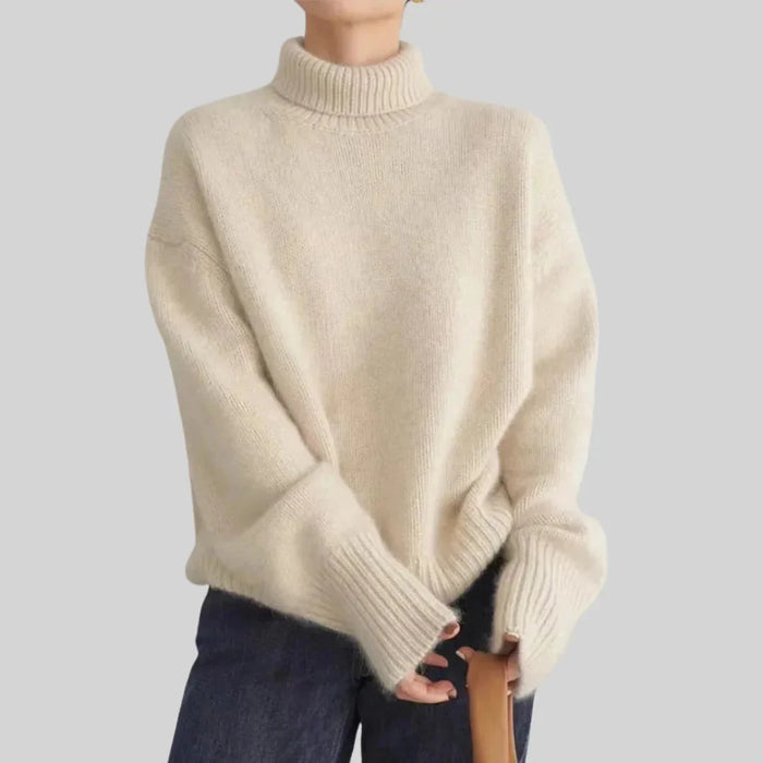 Beige Women's Cashmere Turtleneck Sweater with Ribbed Cuffs & Relaxed Fit — Lana - Front Full