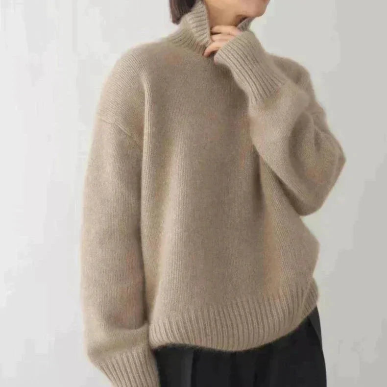 Women's Cashmere Turtleneck Sweater with Ribbed Cuffs & Relaxed Fit - Worn Lifestyle