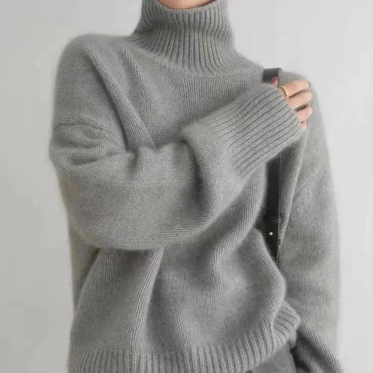 Gray Women's Cashmere Turtleneck Sweater with Ribbed Cuffs & Relaxed Fit — Lana - Side Pose