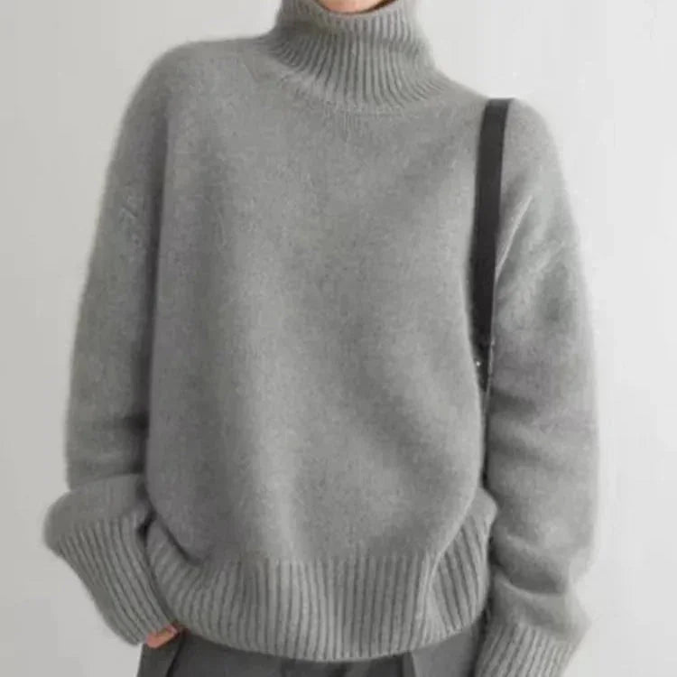 Gray Women's Cashmere Turtleneck Sweater with Ribbed Cuffs & Relaxed Fit — Lana