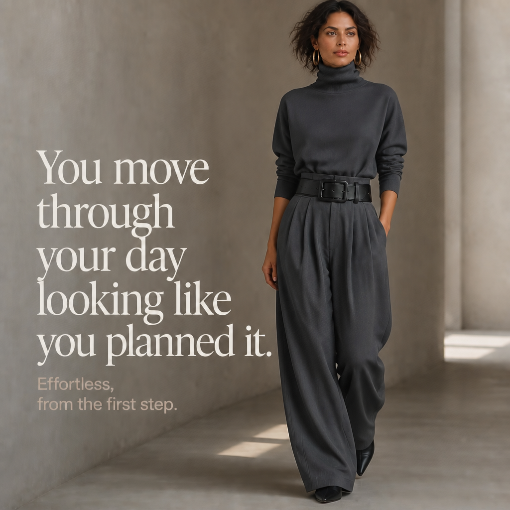 Women's Turtleneck Pants Set with High-Waisted Wide-Leg Trousers & Belt