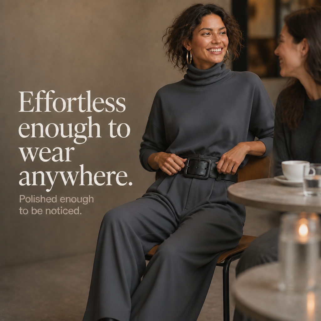 Women's Turtleneck Pants Set with High-Waisted Wide-Leg Trousers & Belt