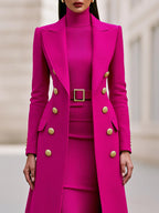 Rose Red Women's Coat Dress Set with Double-Breasted Buttons & Belted Turtleneck - Close Up Buttons