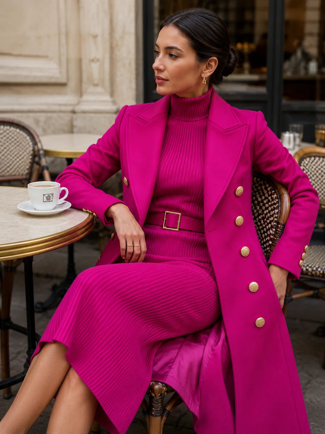 Rose Red Women's Coat Dress Set with Double-Breasted Buttons & Belted Turtleneck - Seated Cafe