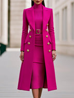 Rose Red Women's Coat Dress Set with Double-Breasted Buttons & Belted Turtleneck