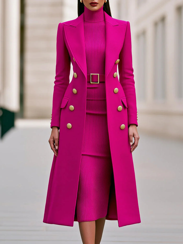 Rose Red Women's Coat Dress Set with Double-Breasted Buttons & Belted Turtleneck