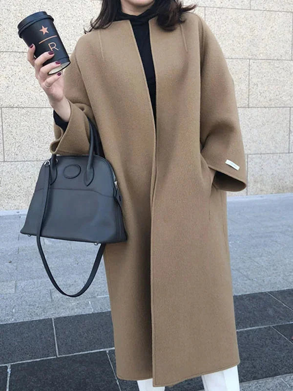 Beige Women's Long Wool Coat with Relaxed Fit & Wide Sleeves - Front Full Coffee Cup