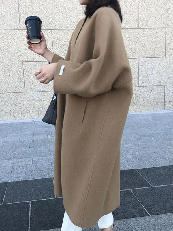Women's Long Wool Coat with Relaxed Fit & Wide Sleeves - Profile Pose