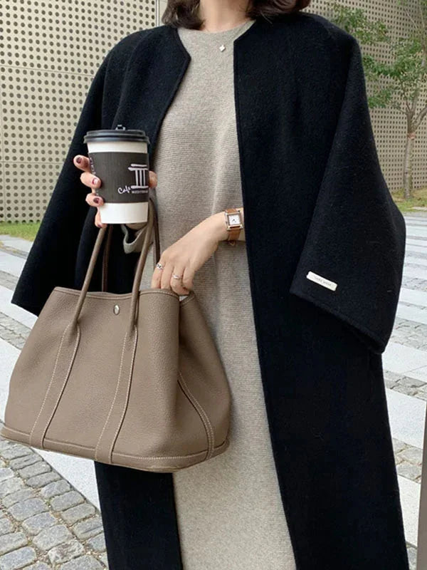 Women's Long Wool Coat with Relaxed Fit & Wide Sleeves - Close Up Front Detail