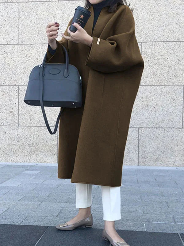 Brown Women's Long Wool Coat with Relaxed Fit & Wide Sleeves - Front Full Handbag
