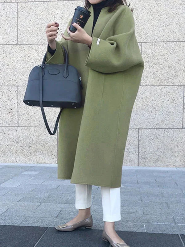 Green Women's Long Wool Coat with Relaxed Fit & Wide Sleeves - Side Pose Coffee