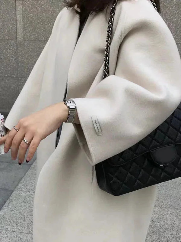 Women's Long Wool Coat with Relaxed Fit & Wide Sleeves - Close Up Chain Bag