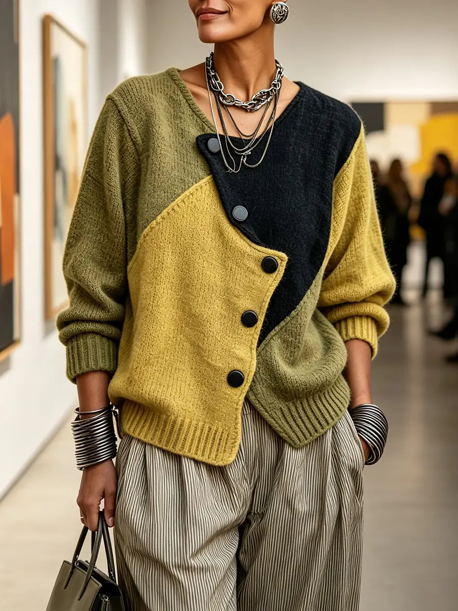Yellow Women's Color Block Sweater with Asymmetric Button Front - Front Full Lifestyle