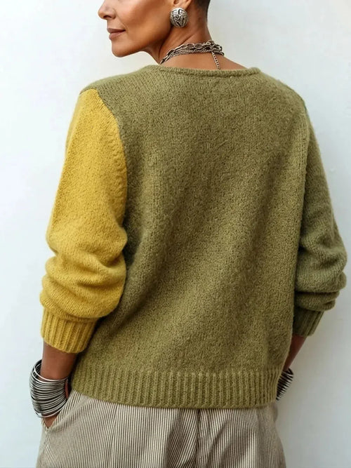 Yellow Women's Color Block Sweater with Asymmetric Button Front - Back Detail