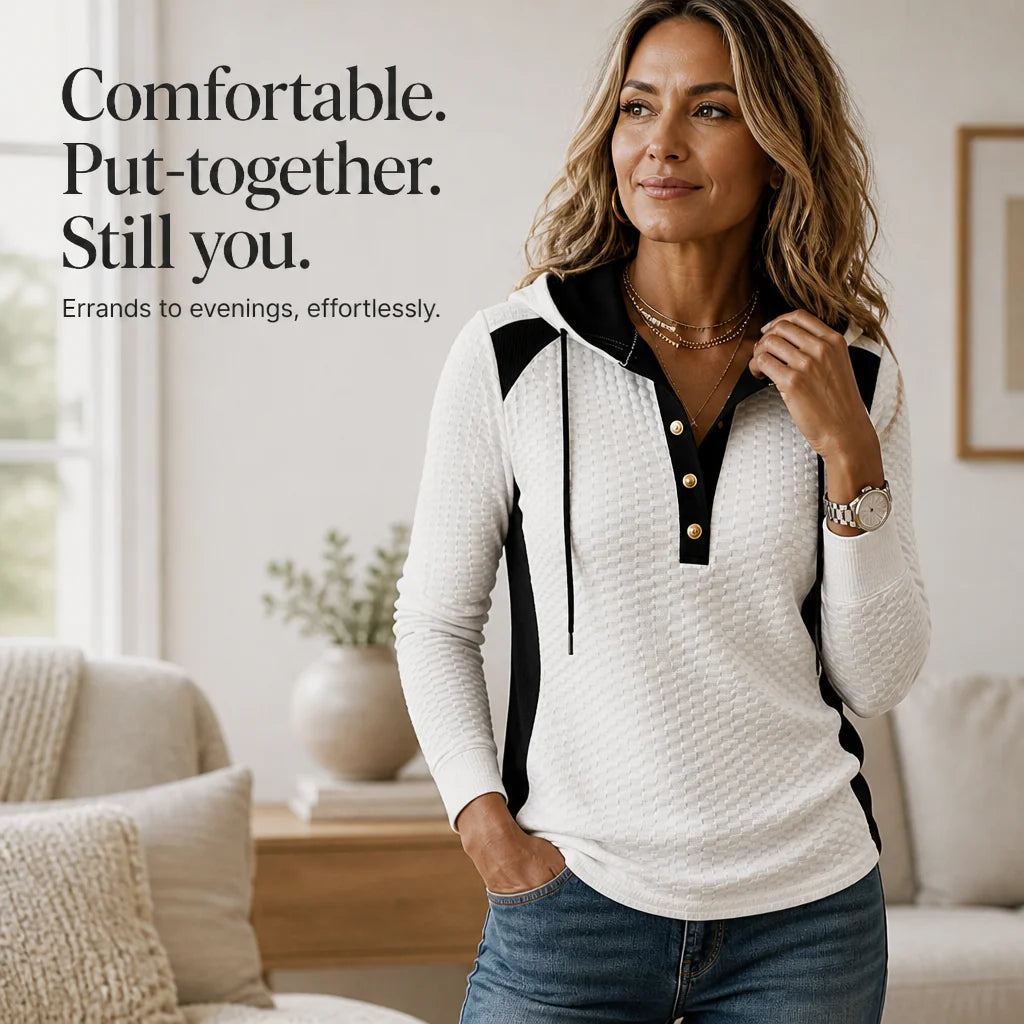 Women's Color Block Hoodie with Button V-Neck & Drawstring Hood - Infographic Comfortable Lifestyle
