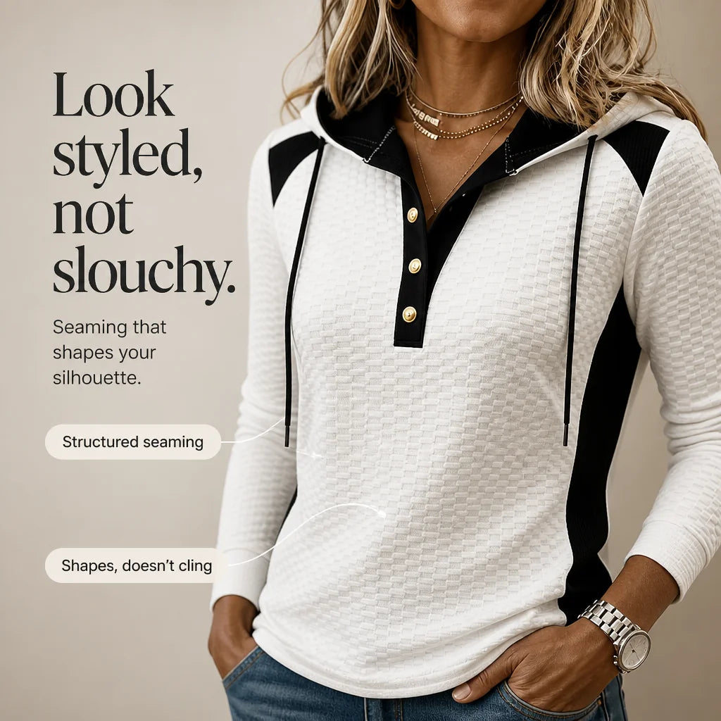 Women's Color Block Hoodie with Button V-Neck & Drawstring Hood - Infographic Styled Seaming