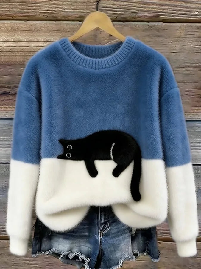 Blue Women's Graphic Cat Sweatshirt with Color-Block Design & Ribbed Trim
