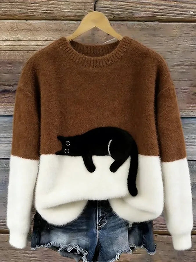 Brown Women's Graphic Cat Sweatshirt with Color-Block Design & Ribbed Trim