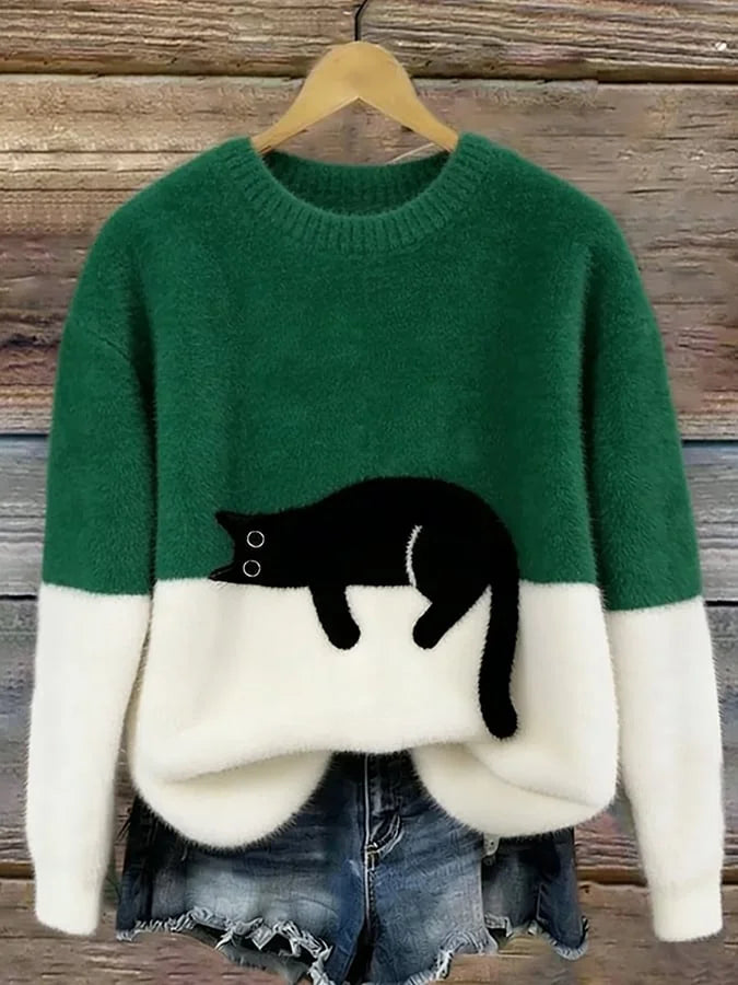 Green Women's Graphic Cat Sweatshirt with Color-Block Design & Ribbed Trim