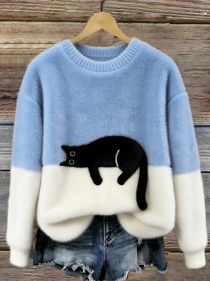 Light Blue Women's Graphic Cat Sweatshirt with Color-Block Design & Ribbed Trim