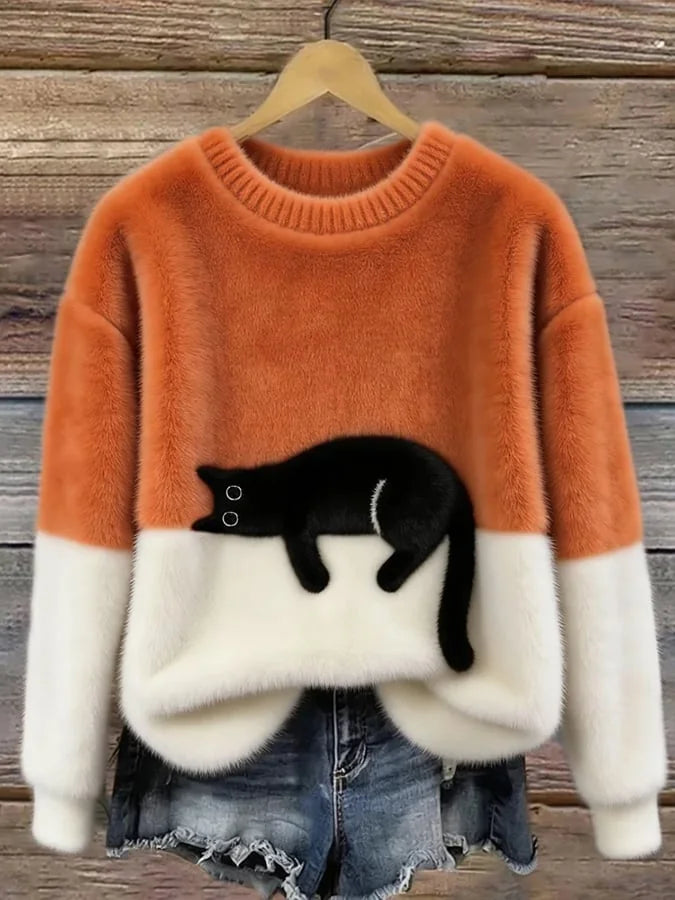 Orange Women's Graphic Cat Sweatshirt with Color-Block Design & Ribbed Trim