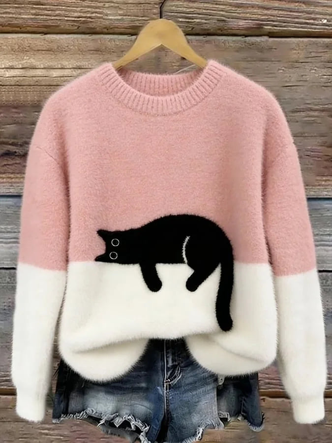 Pink Women's Graphic Cat Sweatshirt with Color-Block Design & Ribbed Trim
