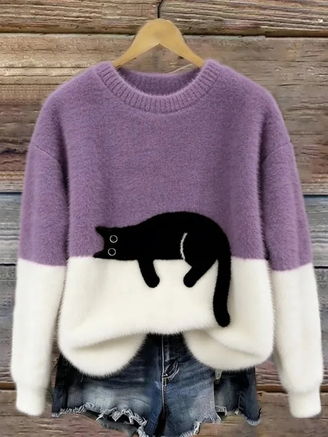 Purple Women's Graphic Cat Sweatshirt with Color-Block Design & Ribbed Trim