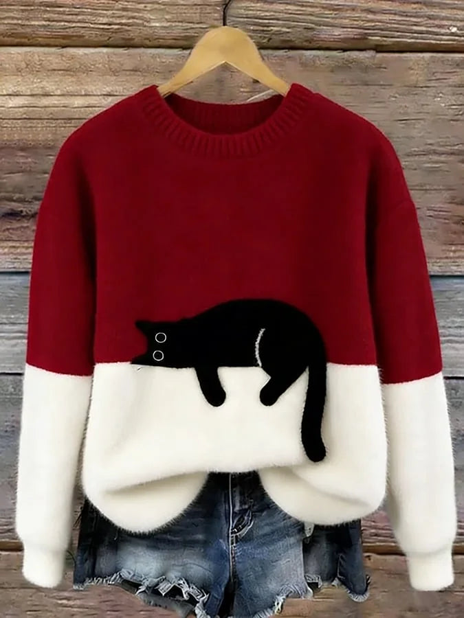 Red Women's Graphic Cat Sweatshirt with Color-Block Design & Ribbed Trim